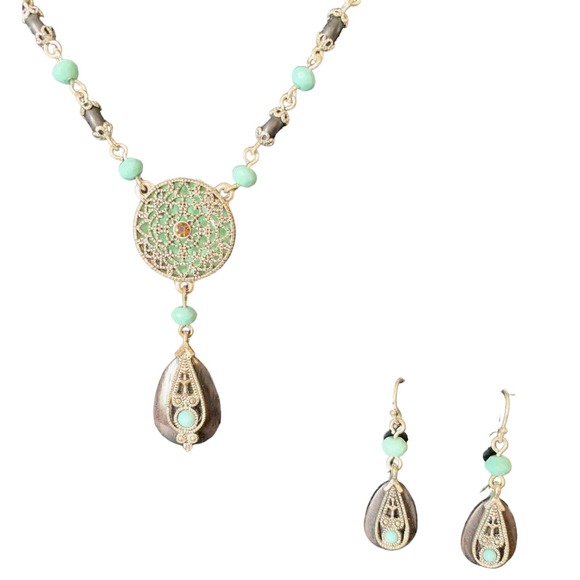 Avon Jewelry - AVON Necklace & Pierced Earrings Mixed Set Marked NR Bohemian Medallion Aqua